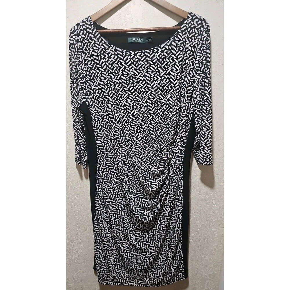Ralph Lauren Dress Black & White Ruched Waist Size 16w Stretch Knit